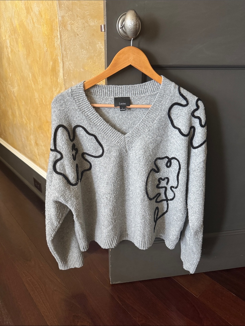 Lumiere Gray V-Neck Sweater with Black Floral Outline